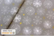 TISSU COTON NOEL FLOCONS FANTAISIES ÉTOILES TAUPE