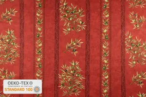 TISSU PROVENCAL BRANCHES OLIVIERS RAYURES ROUGE