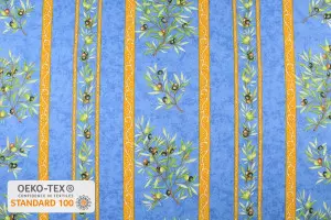 TISSU PROVENCAL BRANCHES OLIVIERS RAYURES BLEU