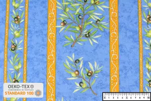 TISSU PROVENCAL BRANCHES OLIVIERS RAYURES BLEU