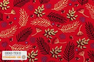 TISSU COTON NOEL BRANCHES SAPINS BAIES ROUGE