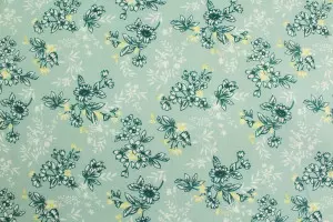 TISSU COTON FLEURS FEUILLAGE BLEU CLAIR