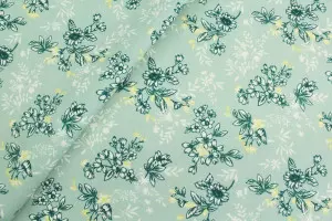 TISSU COTON FLEURS FEUILLAGE BLEU CLAIR