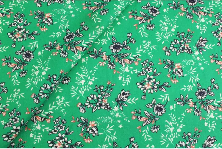 TISSU COTON FLEURS FEUILLAGE VERT