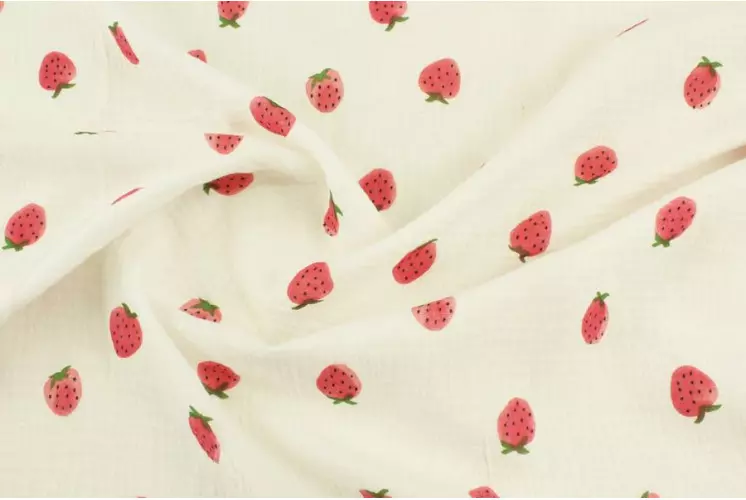 TISSU COTON DOUBLE GAZE FRAISES