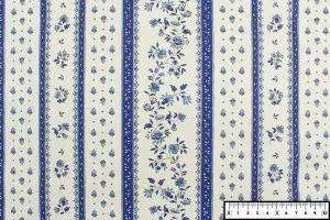 TISSU PROVENCAL BANDES FLEURS ET MOUCHES BLEU