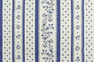 TISSU PROVENCAL BANDES FLEURS ET MOUCHES BLEU