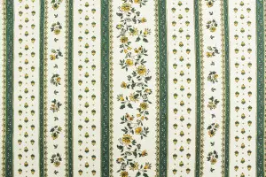 TISSU PROVENCAL BANDES FLEURS ET MOUCHES VERT