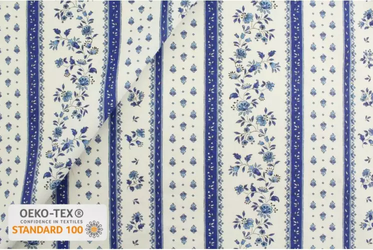 TISSU PROVENCAL BANDES FLEURS ET MOUCHES BLEU