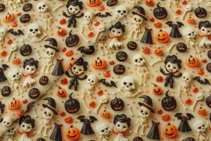 TISSU HALLOWEEN SQUELETTE SORCIER CITROUILLE