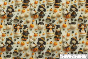 TISSU HALLOWEEN SORCIERES CHATS CITROUILLES