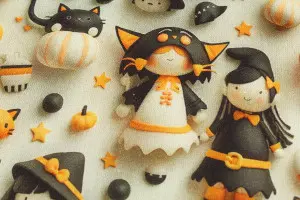 TISSU HALLOWEEN SORCIERES CHATS CITROUILLES