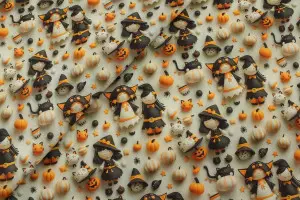 TISSU HALLOWEEN SORCIERES CHATS CITROUILLES