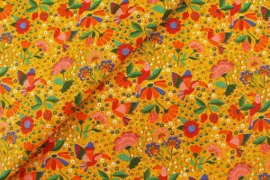 TISSU COTON FLEURS TOUCANS JAUNE