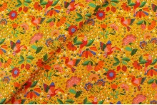 TISSU COTON FLEURS TOUCANS JAUNE