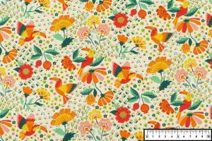 TISSU COTON FLEURS TOUCANS BLANC