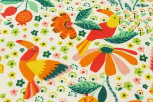 TISSU COTON FLEURS TOUCANS BLANC