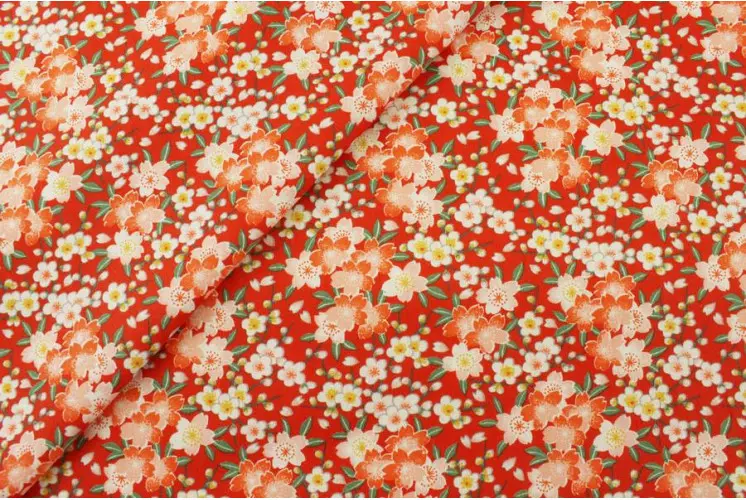 TISSU COTON FLEURS DE CERISIER ROUGE