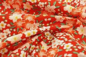 TISSU COTON FLEURS DE CERISIER ROUGE