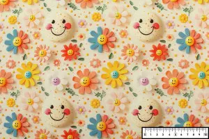 TISSU COTON FLEURS MULTICOLORES SOURIRES 3D