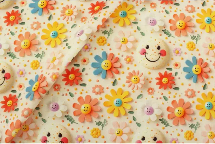 TISSU COTON FLEURS MULTICOLORES SOURIRES 3D