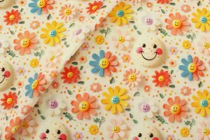 TISSU COTON FLEURS MULTICOLORES SOURIRES 3D