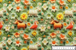 TISSU COTON ANIMAUX FERME FLEURS 3D VERT