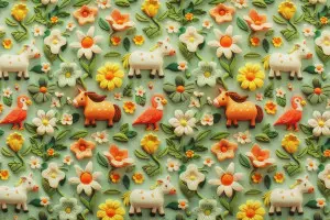 TISSU COTON ANIMAUX FERME FLEURS 3D VERT