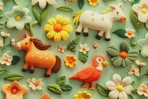 TISSU COTON ANIMAUX FERME FLEURS 3D VERT