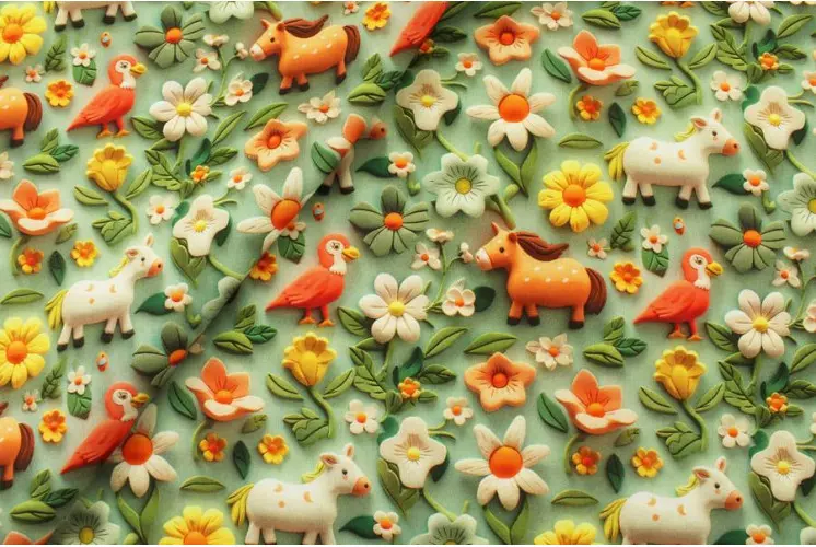 TISSU COTON ANIMAUX FERME FLEURS 3D VERT