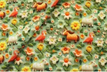 TISSU COTON ANIMAUX FERME FLEURS 3D VERT