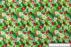 TISSU COTON COCCINELLES FLEURS 3D