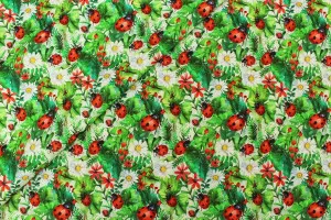 TISSU COTON COCCINELLES FLEURS 3D