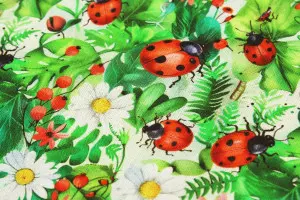 TISSU COTON COCCINELLES FLEURS 3D