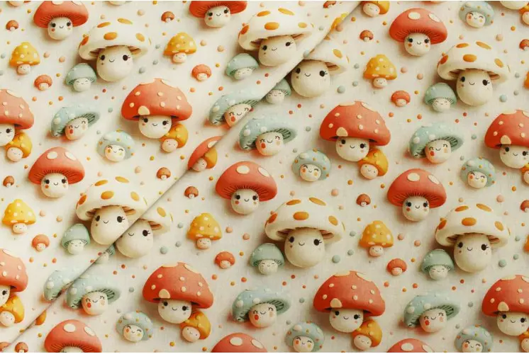 TISSU COTON CHAMPIGNONS SOURIRES 3D