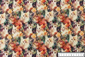 TISSU COTON CHATS FLEURS 3D