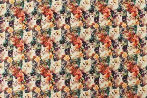 TISSU COTON CHATS FLEURS 3D