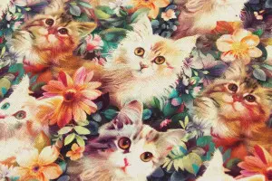 TISSU COTON CHATS FLEURS 3D