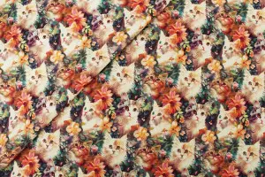 TISSU COTON CHATS FLEURS 3D