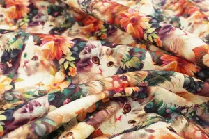 TISSU COTON CHATS FLEURS 3D