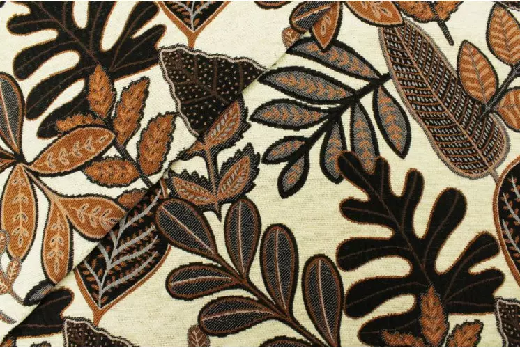 TISSU JACQUARD FEUILLAGES MARRON