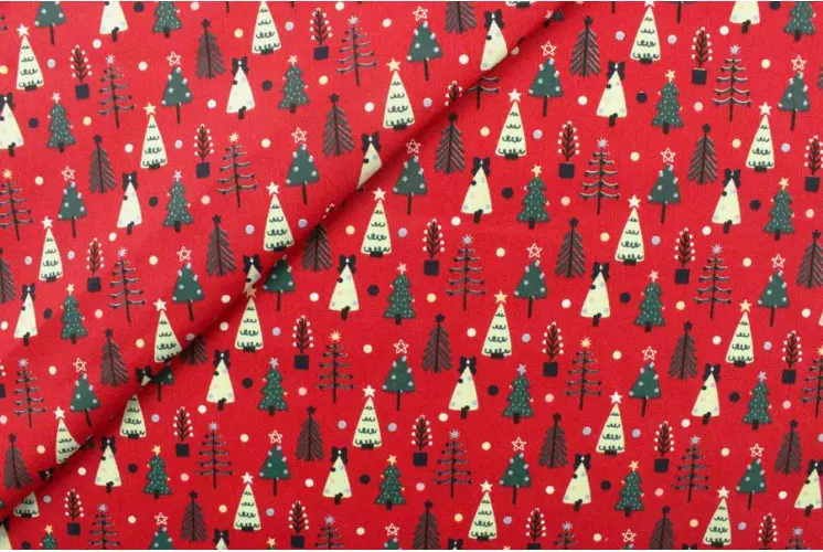 TISSU COTON NOEL PETITS SAPINS ROUGE