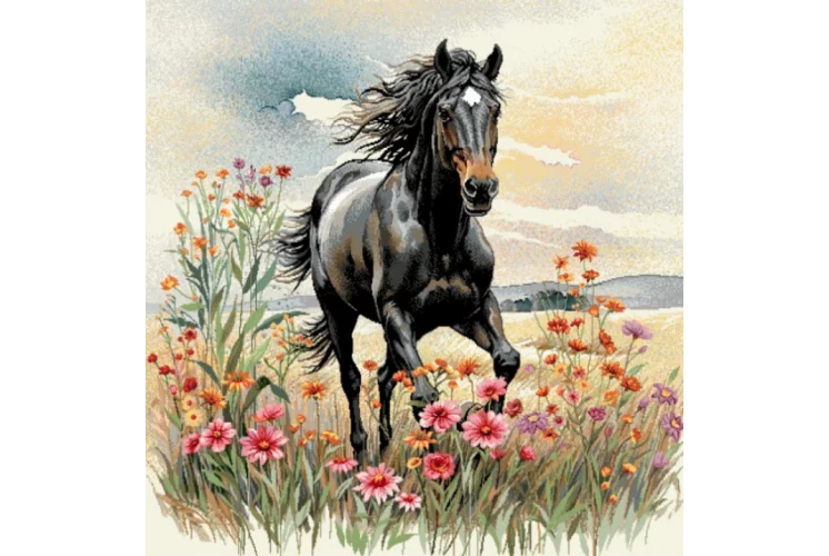 CARRÉ DÉCO VINTAGE CHEVAL NOIR FLEURS