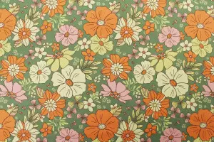 TISSU COTON GRANDES FLEURS VERT / ORANGE