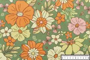 TISSU COTON GRANDES FLEURS VERT / ORANGE