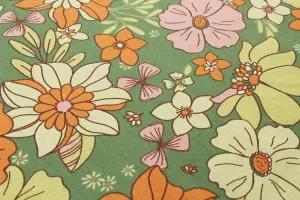 TISSU COTON GRANDES FLEURS VERT / ORANGE