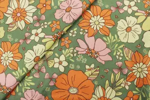 TISSU COTON GRANDES FLEURS VERT / ORANGE