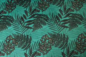 TISSU VELOURS FEUILLAGE TURQUOISE / NOIR