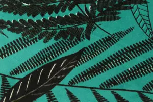 TISSU VELOURS FEUILLAGE TURQUOISE / NOIR