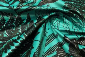 TISSU VELOURS FEUILLAGE TURQUOISE / NOIR